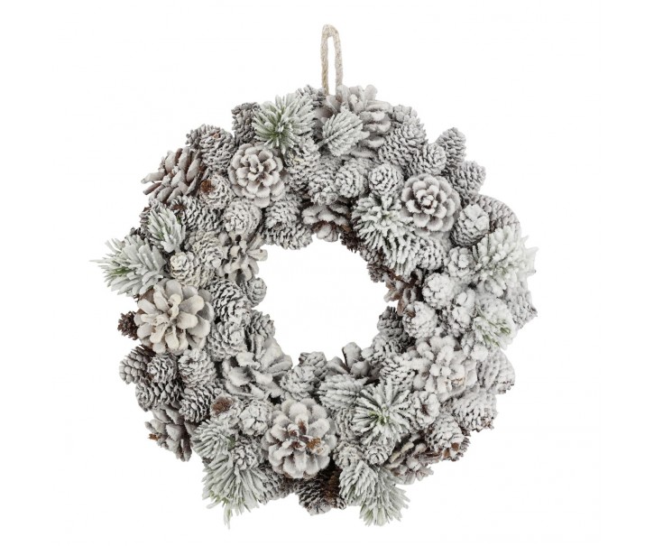 Věnec Fleur s borovými šiškami a sněhem v přírodní hnědé – Ø 33 cm Chic Antique