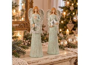 Sada 2ks stříbrno-zelený vintage anděl se třpytkami Angel Glitter – 7*5*24 cm