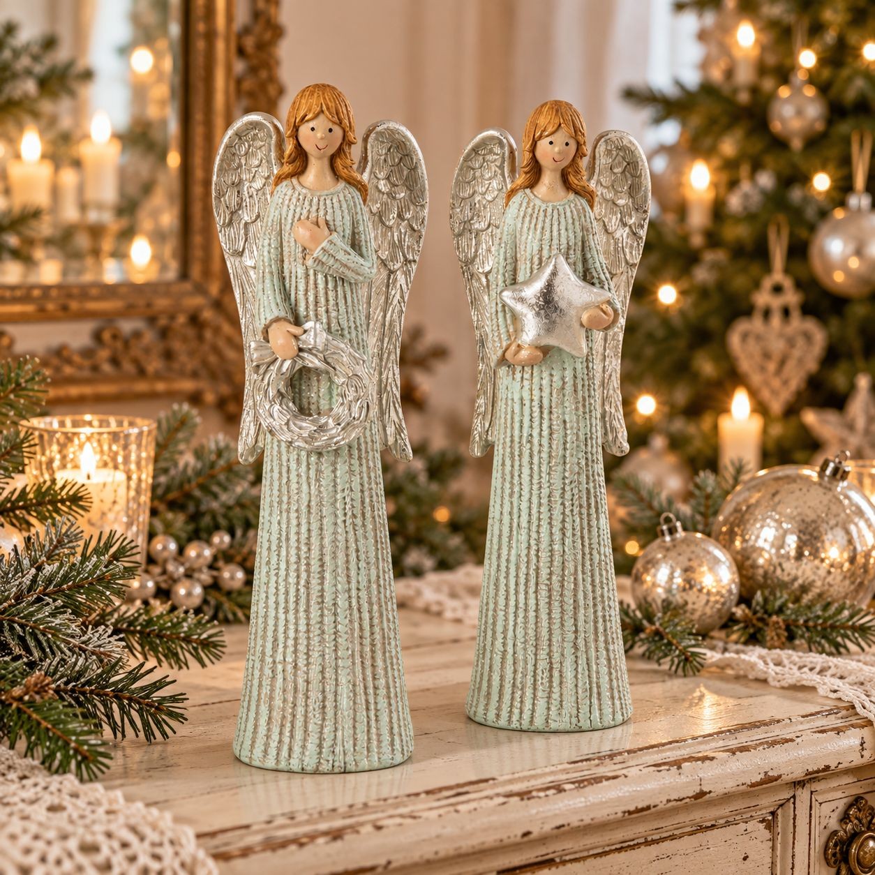 Sada 2ks stříbrno-zelený vintage anděl se třpytkami Angel Glitter – 7*5*24 cm J-Line by Jolipa Sada 2ks stříbrno-zelený vintage anděl se třpytkami Angel Glitter – 7*5*24 cm J-Line by Jolipa