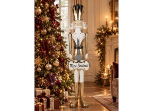 Zlatá kovová dekorace socha Louskáček Merry Christmas - 27*28*165 cm