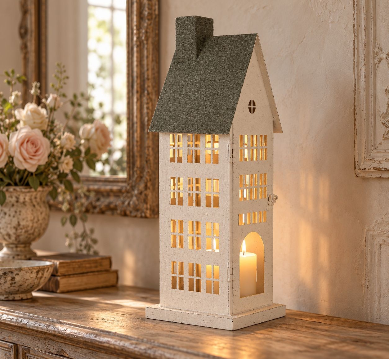 Veliký kovový svícen domek s pískovým povrchem Raw Sand – 21*14*58 cm Clayre & Eef Veliký kovový svícen domek s pískovým povrchem Raw Sand – 21*14*58 cm Clayre & Eef