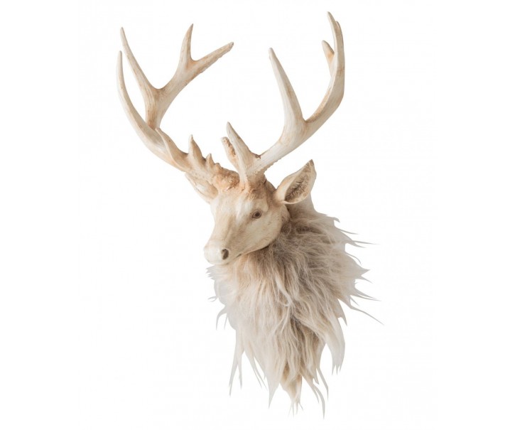 Nástěnná béžová dekorace hlava jelena Deer s kožíškem M – 20*18*27 cm J-Line by Jolipa