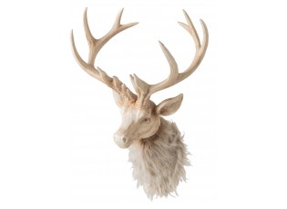 Nástěnná béžová dekorace hlava jelena Deer s kožíškem L – 37*32*48 cm