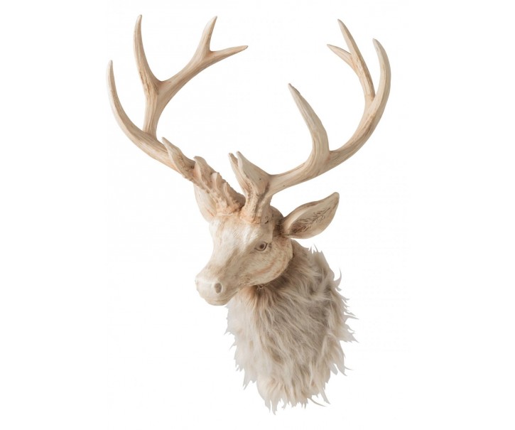 Nástěnná béžová dekorace hlava jelena Deer s kožíškem L – 37*32*48 cm J-Line by Jolipa