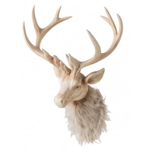 Nástěnná béžová dekorace hlava jelena Deer s kožíškem L – 37*32*48 cm