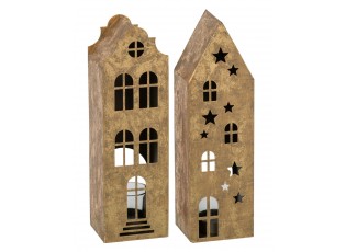 Set 2 ks zlatých antik svícnů ve tvaru domků - 8*7*27 cm