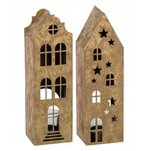Set 2 ks zlatých antik svícnů ve tvaru domků - 8*7*27 cm