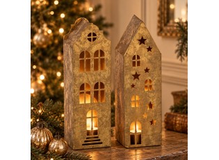 Set 2 ks zlatých antik svícnů ve tvaru domků - 8*7*27 cm