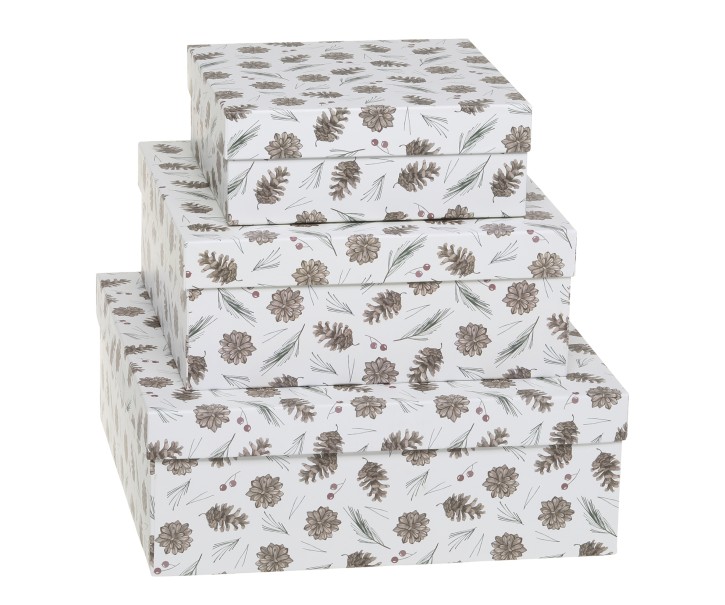Set 3ks papírová krabice se šiškami – 25*25*9 / 20*20*8/ 16*16*6 cm Chic Antique