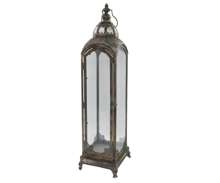 Bronzová antik kovová lucerna se zdobením Marroque – 20*20*81 cm Chic Antique