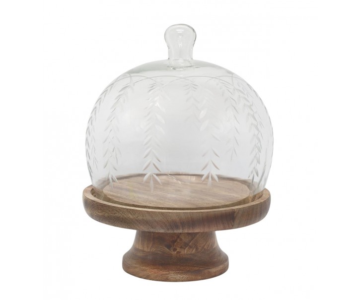 Sklenený poklop na drevenej nohe a brúsenými motívmi – Ø 20*27 cm Chic Antique