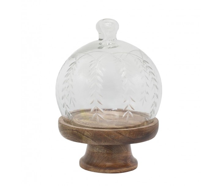 Skleněný poklop na dřevěné noze a broušenými motivy – Ø 16*23 cm Chic Antique