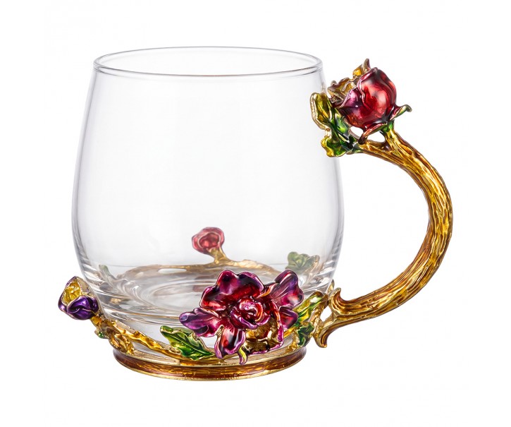Romantický skleněný dekorativní hrnek s růžemi Vintage Chic – Ø 7*9 cm Clayre & Eef