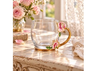 Romantický skleněný dekorativní hrnek s růžemi Vintage Chic – Ø 8*8 cm