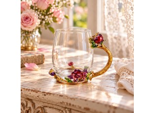 Romantický skleněný dekorativní hrnek s růžemi Vintage Chic – Ø 7*9 cm