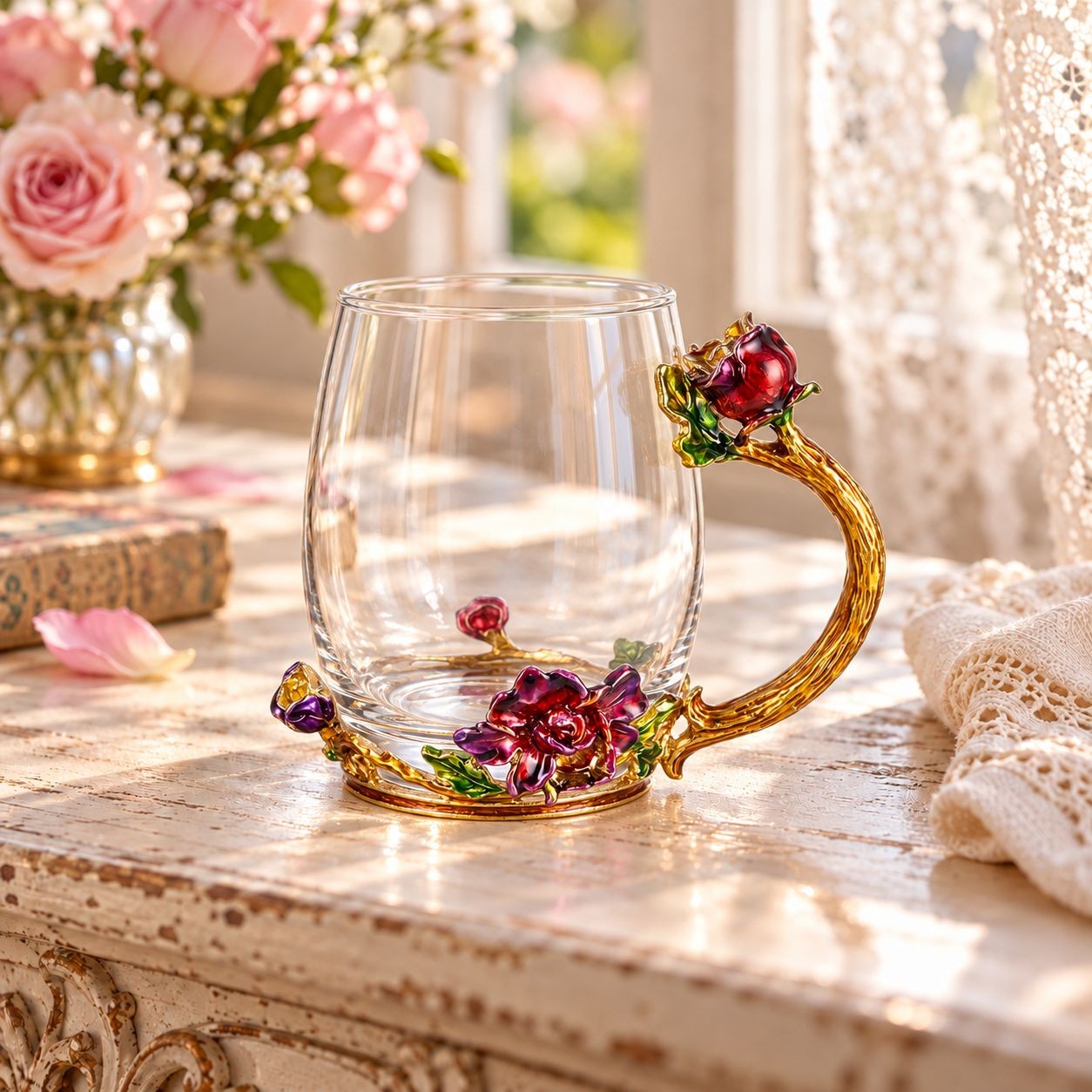 Romantický skleněný dekorativní hrnek s růžemi Vintage Chic – Ø 7*9 cm Clayre & Eef Romantický skleněný dekorativní hrnek s růžemi Vintage Chic – Ø 7*9 cm Clayre & Eef