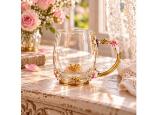 Romantický skleněný dekorativní hrnek s květy Vintage Chic – Ø 8*9 cm