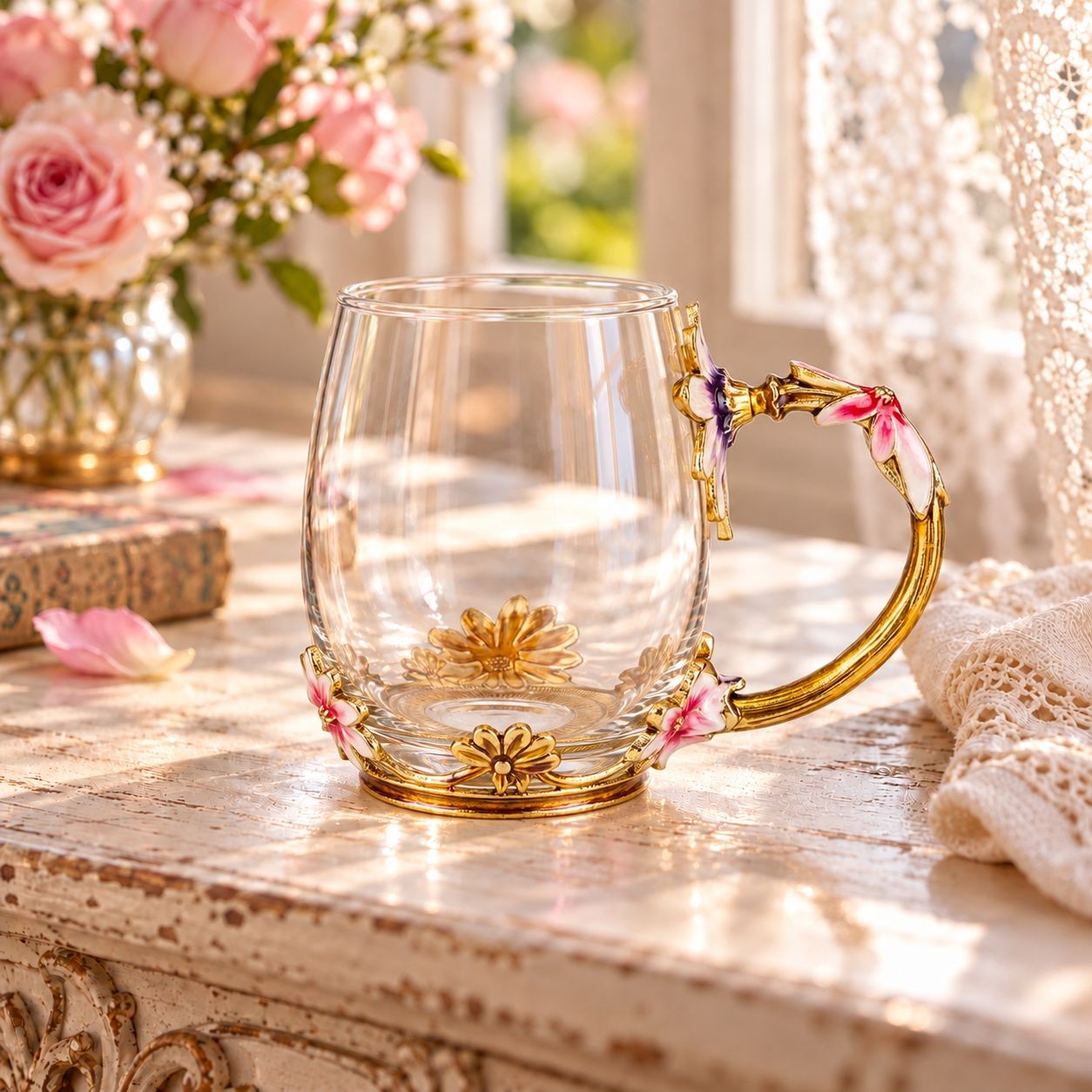 Romantický skleněný dekorativní hrnek s květy Vintage Chic – Ø 8*9 cm Clayre & Eef Romantický skleněný dekorativní hrnek s květy Vintage Chic – Ø 8*9 cm Clayre & Eef