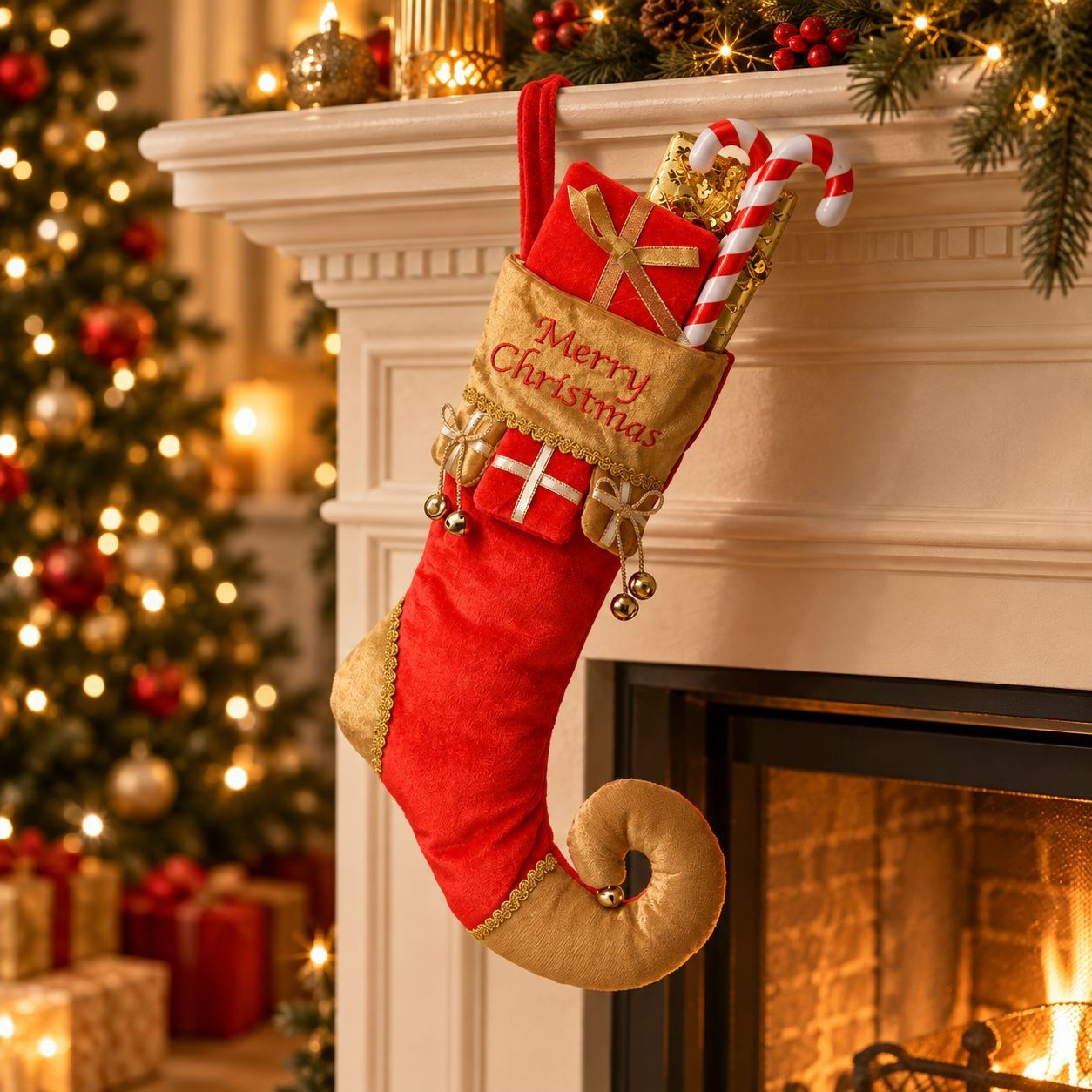Vánoční dekorace závěsná elfí bota s dárečky Merry Christmas - 24*7*46 cm Clayre & Eef Vánoční dekorace závěsná elfí bota s dárečky Merry Christmas - 24*7*46 cm Clayre & Eef
