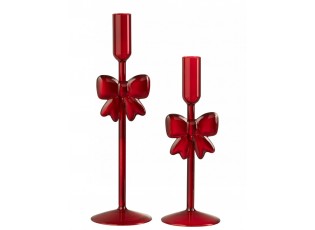 Sada 2 skleněných svícnů s mašlemi tmavě červených Candle Bow – 8*8*23/ 8*8*27 cm