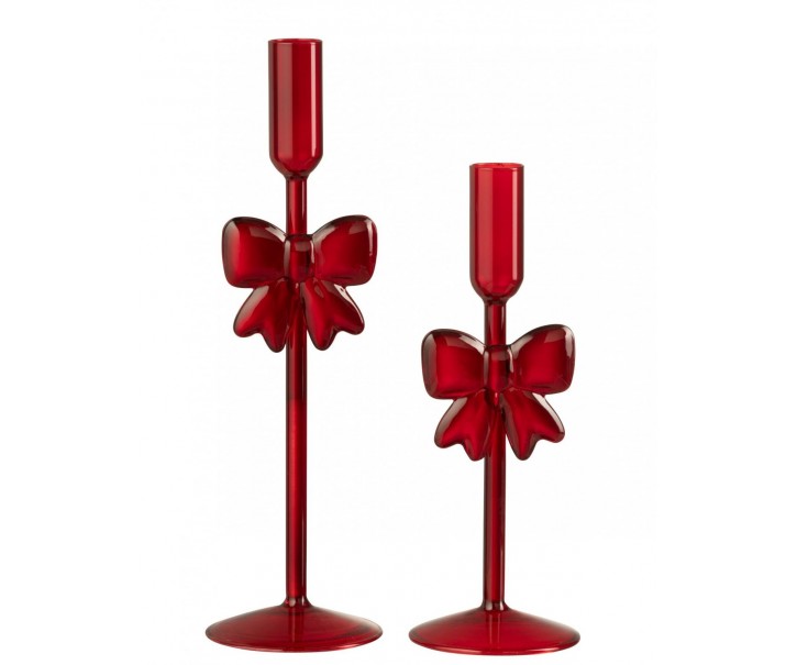 Sada 2 skleněných svícnů s mašlemi tmavě červených – 8*8*23/ 8*8*27 cm J-Line by Jolipa