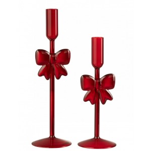 Sada 2 skleněných svícnů s mašlemi tmavě červených Candle Bow – 8*8*23/ 8*8*27 cm