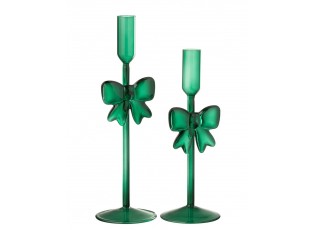 Sada 2 skleněných svícnů s mašlemi tmavě zelených Candle Bow – 8*8*23/ 8*8*27 cm