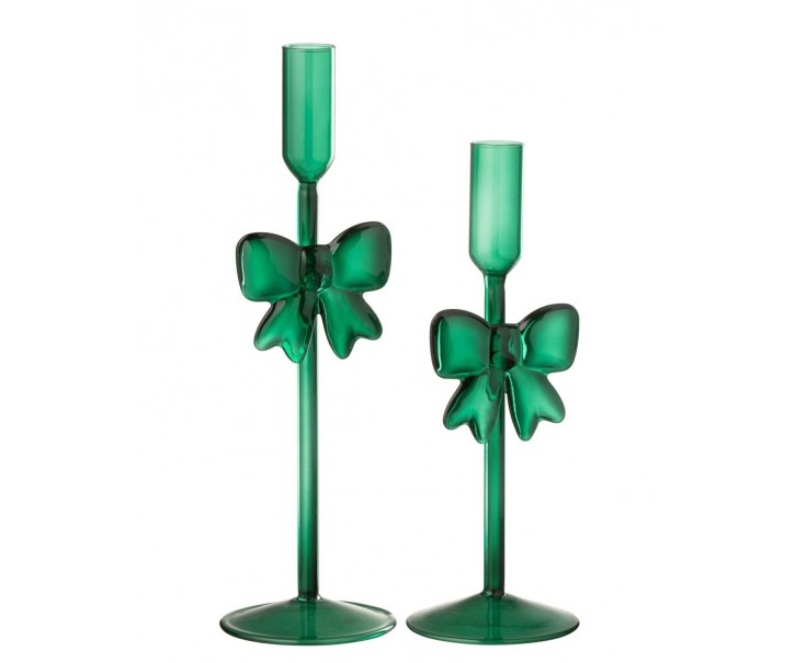  Sada 2 sklenených svietnikov s mašľami tmavo zelených Candle Bow – 8*8*23/ 8*8*27 cm J-Line by Jolipa