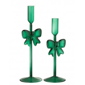 Sada 2 skleněných svícnů s mašlemi tmavě zelených Candle Bow – 8*8*23/ 8*8*27 cm