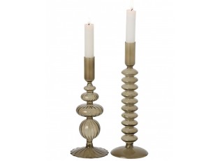 2ks skleněný svícen na úzkou svíčku Vintage Olive – 9*9*28/ 9*9*23 cm / 2cm