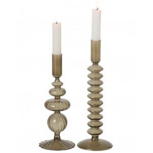 2ks skleněný svícen na úzkou svíčku Vintage Olive – 9*9*28/ 9*9*23 cm / 2cm