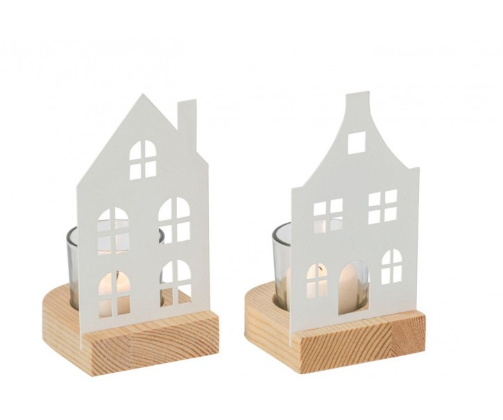 2ks svícen bílý domeček na čajovou svíčku – 14*8*7 cm J-Line by Jolipa