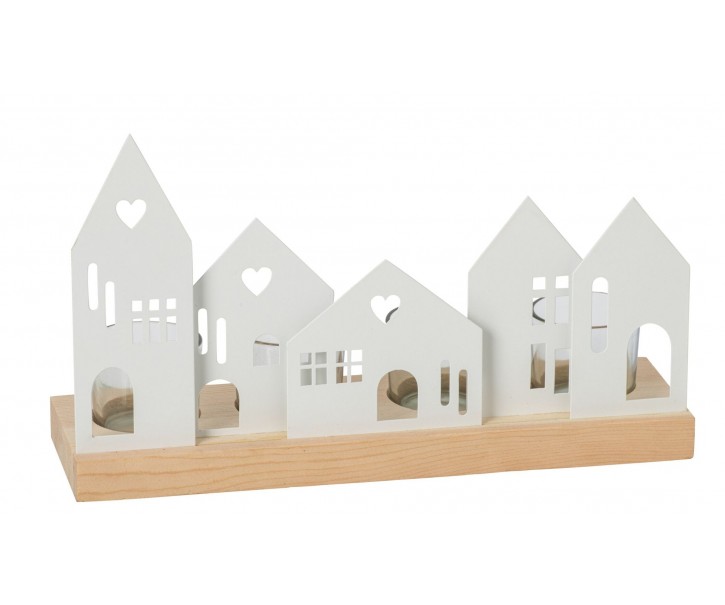Svícen na 4 čajové svíčky vesnička s domečky – 28*16,5*8,5 cm J-Line by Jolipa