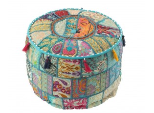 Modrý kulatý Pouf polštář se vzorováním a třásněmi – 40*40*30 cm