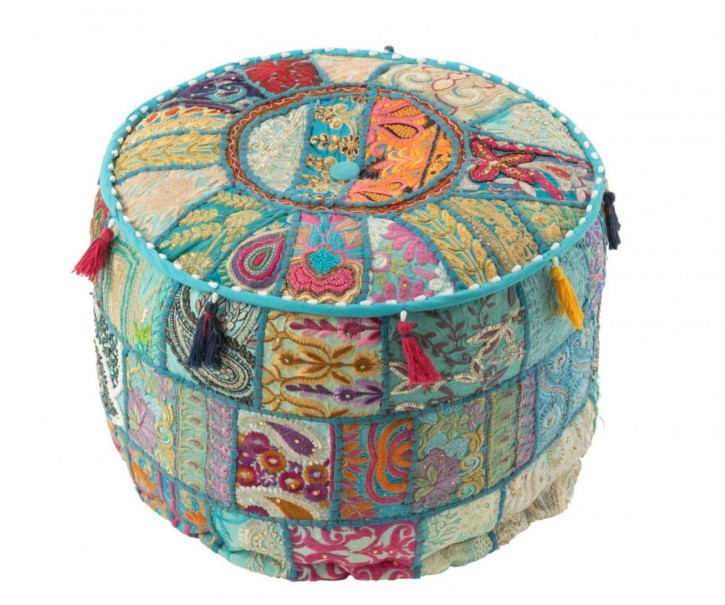 Modrý kulatý Pouf polštář s vzorováním a třásněmi – 40*40*30 cm J-Line by Jolipa