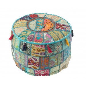 Modrý kulatý Pouf polštář se vzorováním a třásněmi – 40*40*30 cm