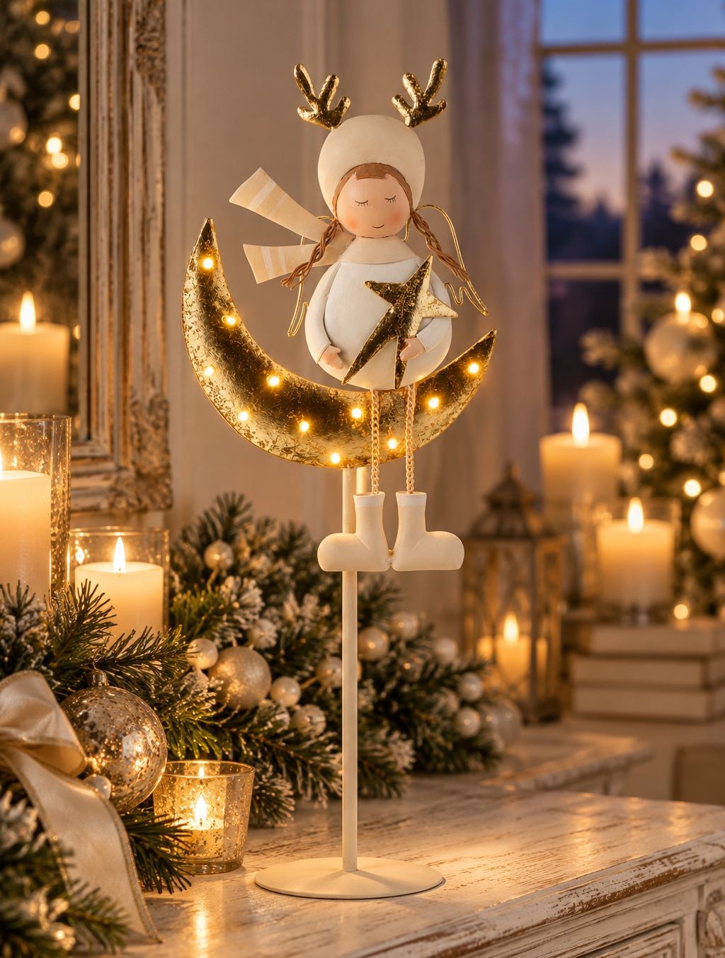 Zlatá kovová svítící dekorace andílek na měsíčku LED – 19,5*11,5*50 cm/ 2AA J-Line by Jolipa Zlatá kovová svítící dekorace andílek na měsíčku LED – 19,5*11,5*50 cm/ 2AA J-Line by Jolipa