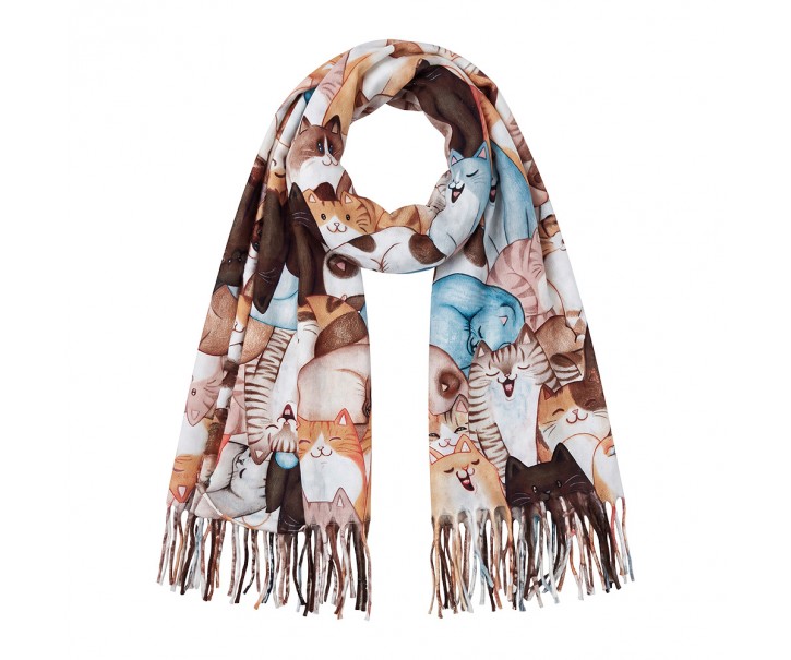 Dámská béžová šála s kočkami a třásněmi Winter Scarf Cat – 70*180 cm Clayre & Eef