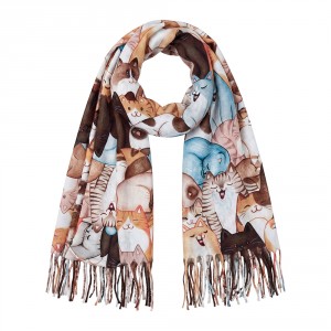 Dámská béžová šála s kočkami a třásněmi Winter Scarf Cat – 70*180 cm