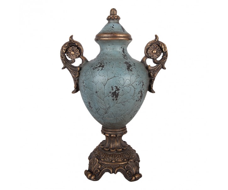 Modrozelená antik dekorativní amfora s květinovým reliéfem – 30*19*46 cm Clayre & Eef