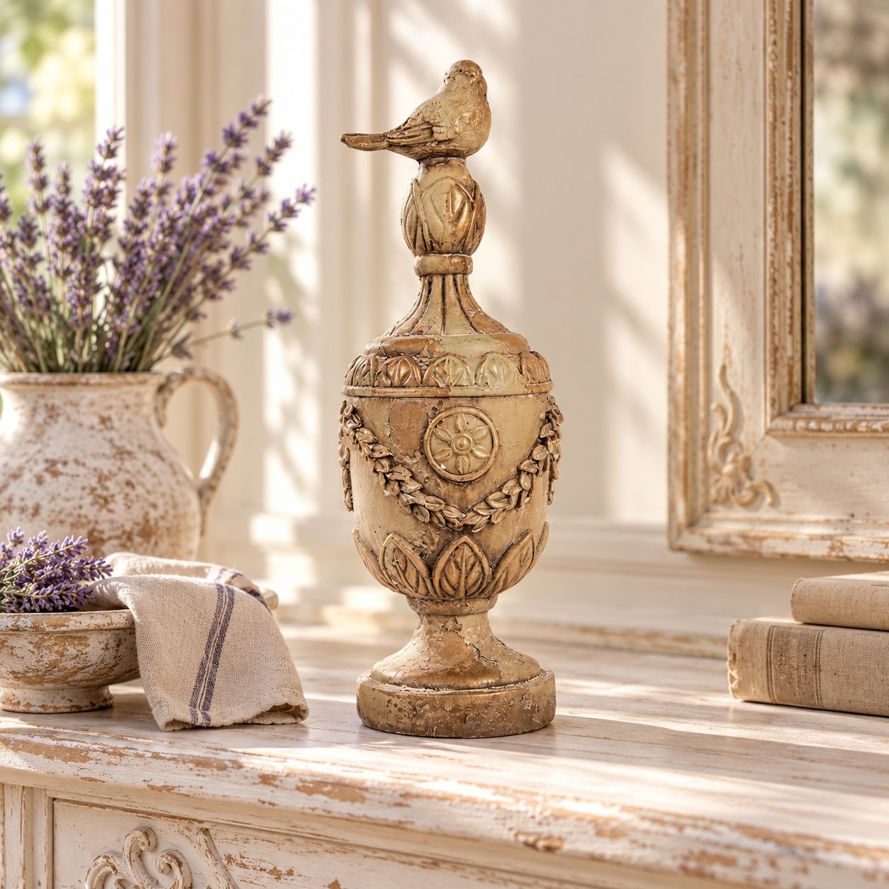 Rustikální ozdobná váza / urnička s ptáčkem v provensálském stylu – Ø 12*36 cm Clayre & Eef Rustikální ozdobná váza / urnička s ptáčkem v provensálském stylu – Ø 12*36 cm Clayre & Eef