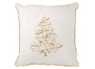 Bílozlatý polštář s vyšívaným stromkem a třásněmi Tree Gold – 45*45*12 cm
