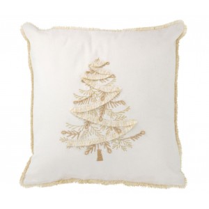 Bílozlatý polštář s vyšívaným stromkem a třásněmi Tree Gold – 45*45*12 cm
