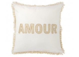 Bílozlatý polštář s vyšívaným nápisem Amour Gold a třásněmi – 45*45*4 cm