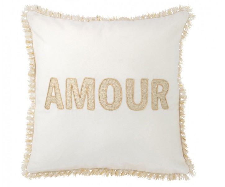 Bílozlatý polštář s vyšívaným nápisem Amour Gold a třásněmi – 45*45*4 cm J-Line by Jolipa