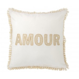 Bílozlatý polštář s vyšívaným nápisem Amour Gold a třásněmi – 45*45*4 cm