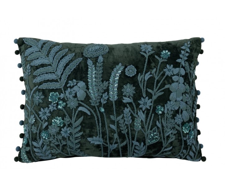 Tmavě zelený polštář s lučními květy Leaves + Flowers – 50*35*15 cm J-Line by Jolipa
