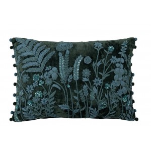 Tmavě zelený polštář s vyšívanými lučními květy Leaves + Flowers – 50*35*15 cm