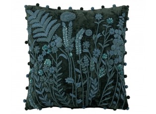 Tmavě zelený polštář s vyšívanými lučními květy Leaves + Flowers – 45*45*15 cm