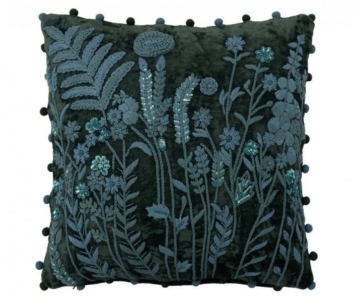 Tmavě zelený polštář s lučními květy Leaves + Flowers – 45*45*15 cm J-Line by Jolipa